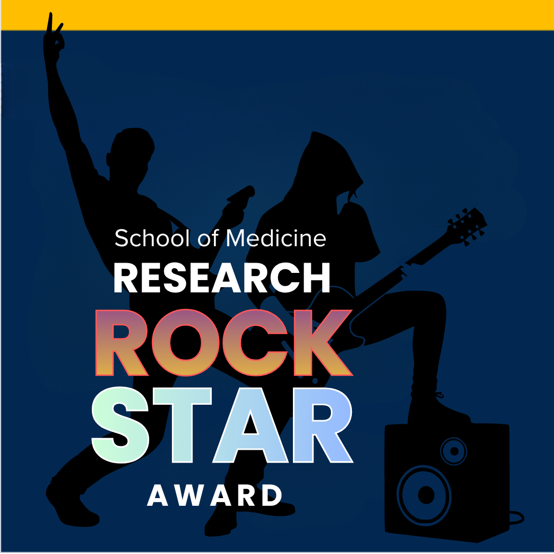 Silhouettes of two performers on a dark blue background framing the text "School of Medicine Research Rock Star Awards."